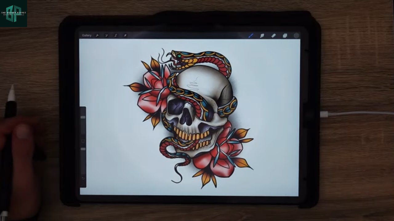 Skull Snake and Roses | How to Draw a Tattoo Design