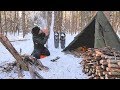 SOLO WINTER BUSHCRAFT CAMP Post Ice Storm Bowdrill Canvas Tipi Shelter 