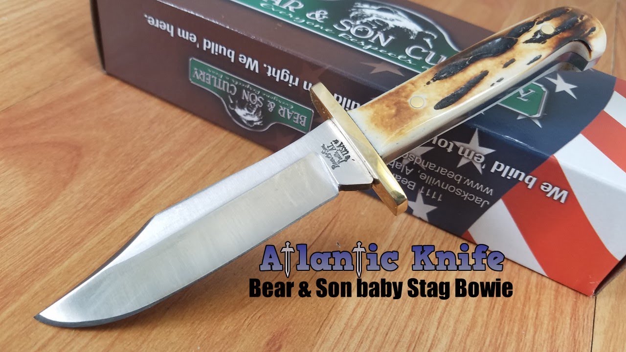 BEAR & SON BABY STAINLESS FIXED SATIN CLIP PT BLADE STAG BONE BOWIE KNIFE 50012