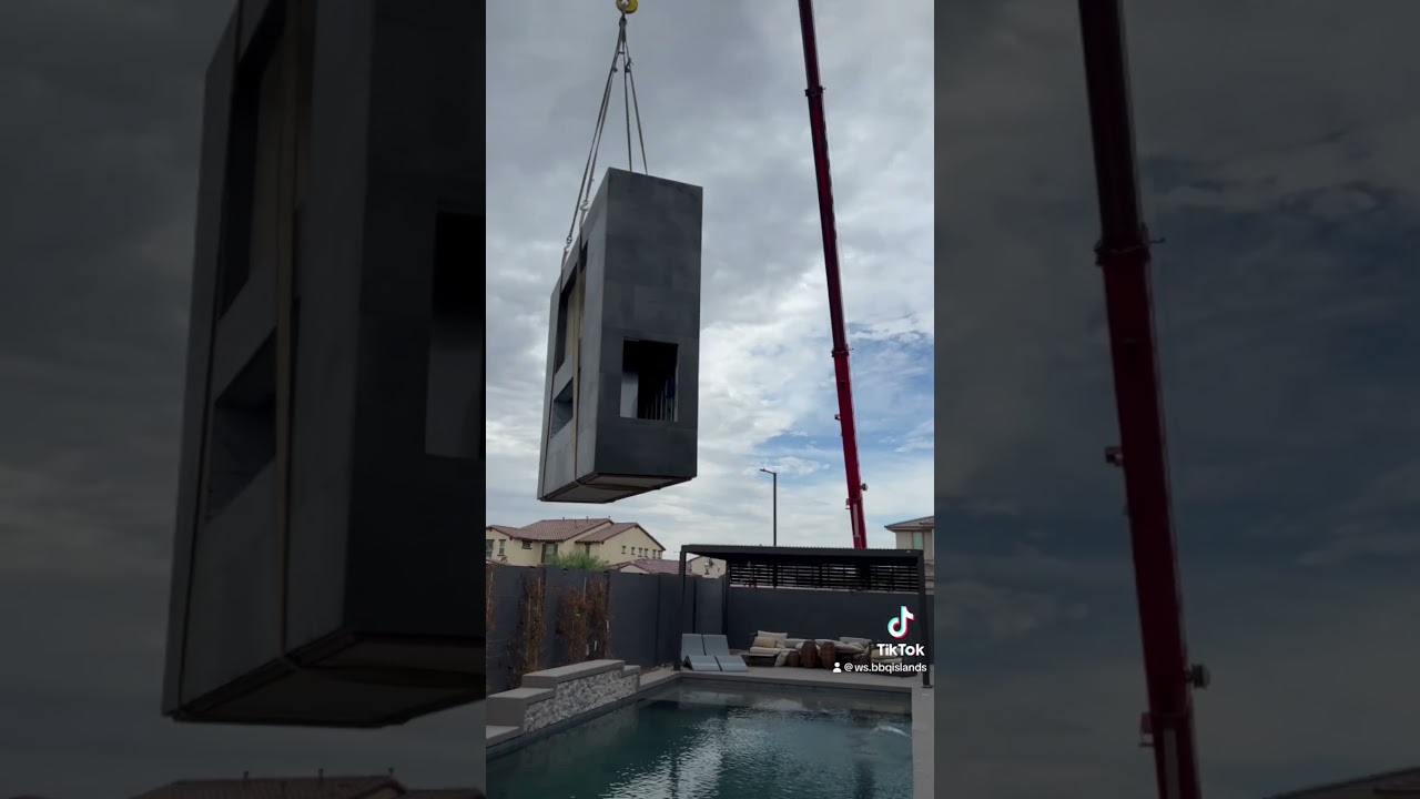 3 Custom Pieces Craned Over. Custom Fireplace / Custom BBQ Island / Custom Firetable