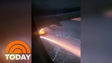 Flames And Sparks Seen From Plane Engine Shortly After Takeoff