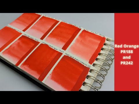 Watercolor Comparison of 8 Red Orange Colors : Pigment PR242 and PR188