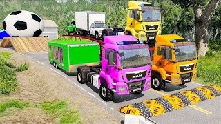 TRANSPORTING PIXAR CARS & FRUITS WITH COLORED & JOHN DEERE vs CLAAS vs TRACTORS - BeamNG.drive #983