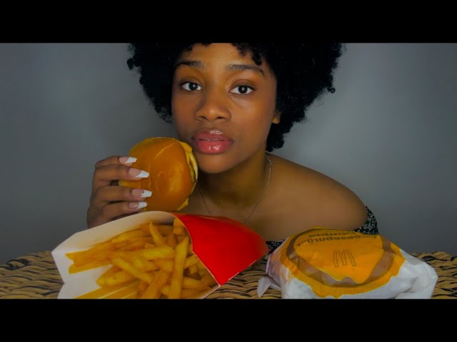 ASMR | TWO CHEESEBURGERS AND A LARGE FRY - McDonald’s Mukbang (soft spoken, driinking and talking)