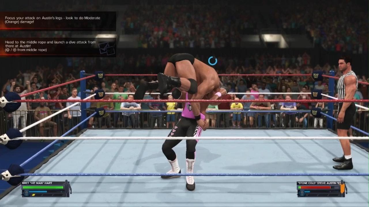 Head to the middle rope and launch a dive attack from there at austin ...