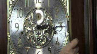 A short video showing how to adjust a mechanical grandfather clock for daylight savings time.