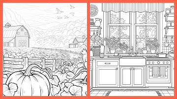 Color by Number Fall Pumpkin Farm Cat & Cozy Kitchen Window Zen Color app #coloringbook