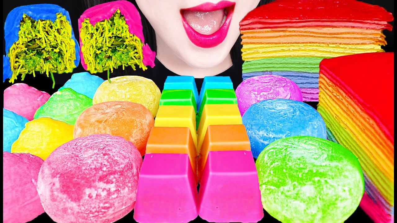 ASMR Rainbow Dubai Chocolate Mochi Crepe Cake 무지개 두바이 초콜릿 먹방 Mukbang, Eating