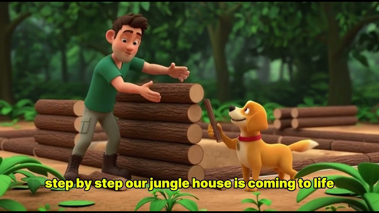 man made a house of wood in the jungal with his dog