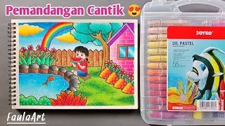 Mewarnai Gambar Pemandangan Dengan Pelangi Yang Indah