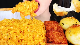 NEW CREAM FIRE NOODLES w/ MOZZARELLA GARLIC BREAD & SPAM (No Talking) EATING SOUNDS