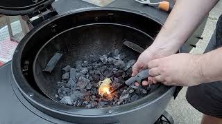 Auto Kamado starting up lump charcoal for 350 degree cook (smoked burgers)