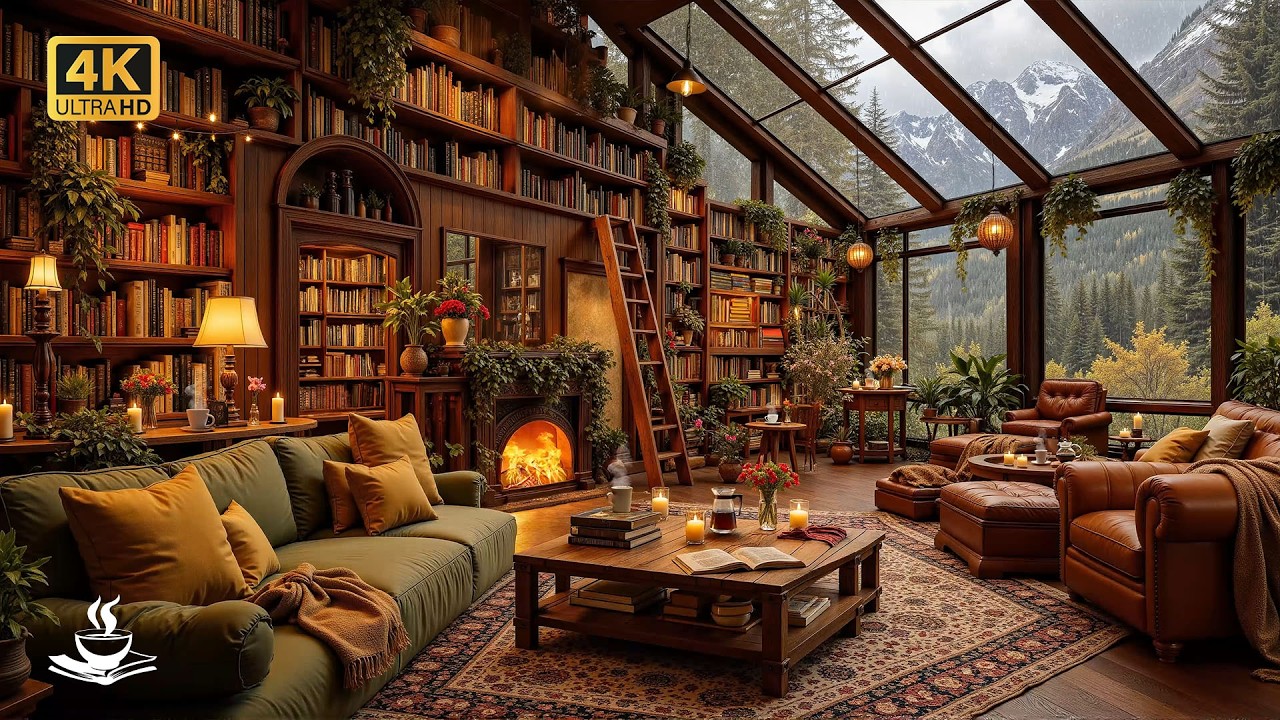 Rainy Library Jazz with Fireplace Glow | Study Focus & Serene Reading Retreat for Bookish