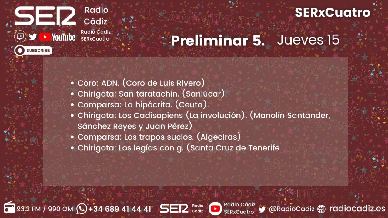 🔴 EN DIRECTO COAC2026: Preliminar cinco del Carnaval de Cádiz. Luis Rivero y Manolin Santander