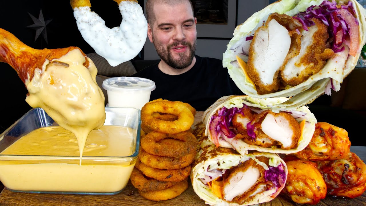 Crispy Chicken Wraps, Chicken Leg Piece, Cheese Sauce, Onion Rings  ASMR MUKBANG | Dave Kay ASMR