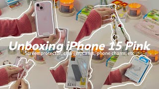 [ID/EN] Aesthetic Unboxing iPhone 15 Pink  screen protector, charger and cute accessories ✨