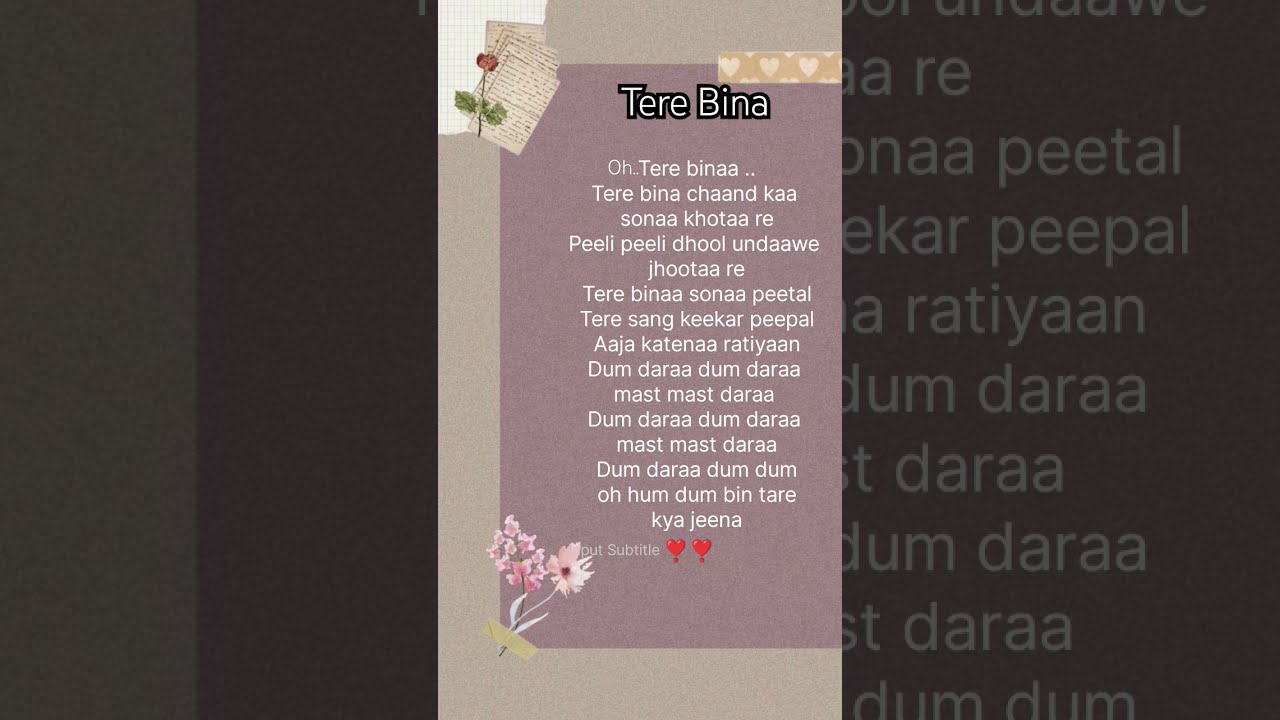 Tere bina~ A.r rehman ❣️ #terebina #arrehman #lyrics #shorts #ytshorts