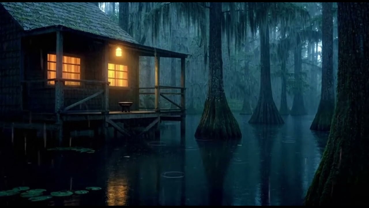 Louisiana Rainy Swamp Night Sounds 🌩️🌙 Crickets, Frogs & Bayou Ambience | Study/Focus (4Hrs)