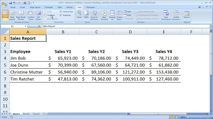 Excel Formatting 5 - Remove Gridlines, Headings, and The Formula Bar in Excel 2007