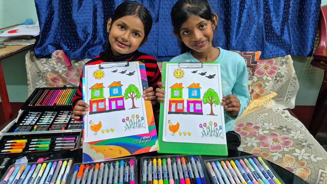 Сегодня Мехер раскрасила дерево и домик. 