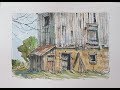 How to paint a weathered barn, barnboard and wood. Line and wash watercolor. Peter Sheeler