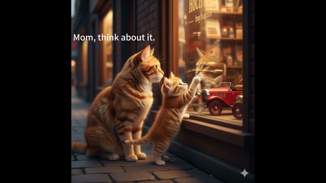 A fat orange cat buys toys