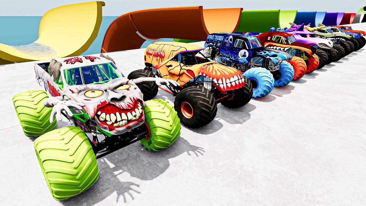 Monster Trucks Full Throttle Water Slides Freestyle - Monster Jam Power | Incredible Flying Crashes