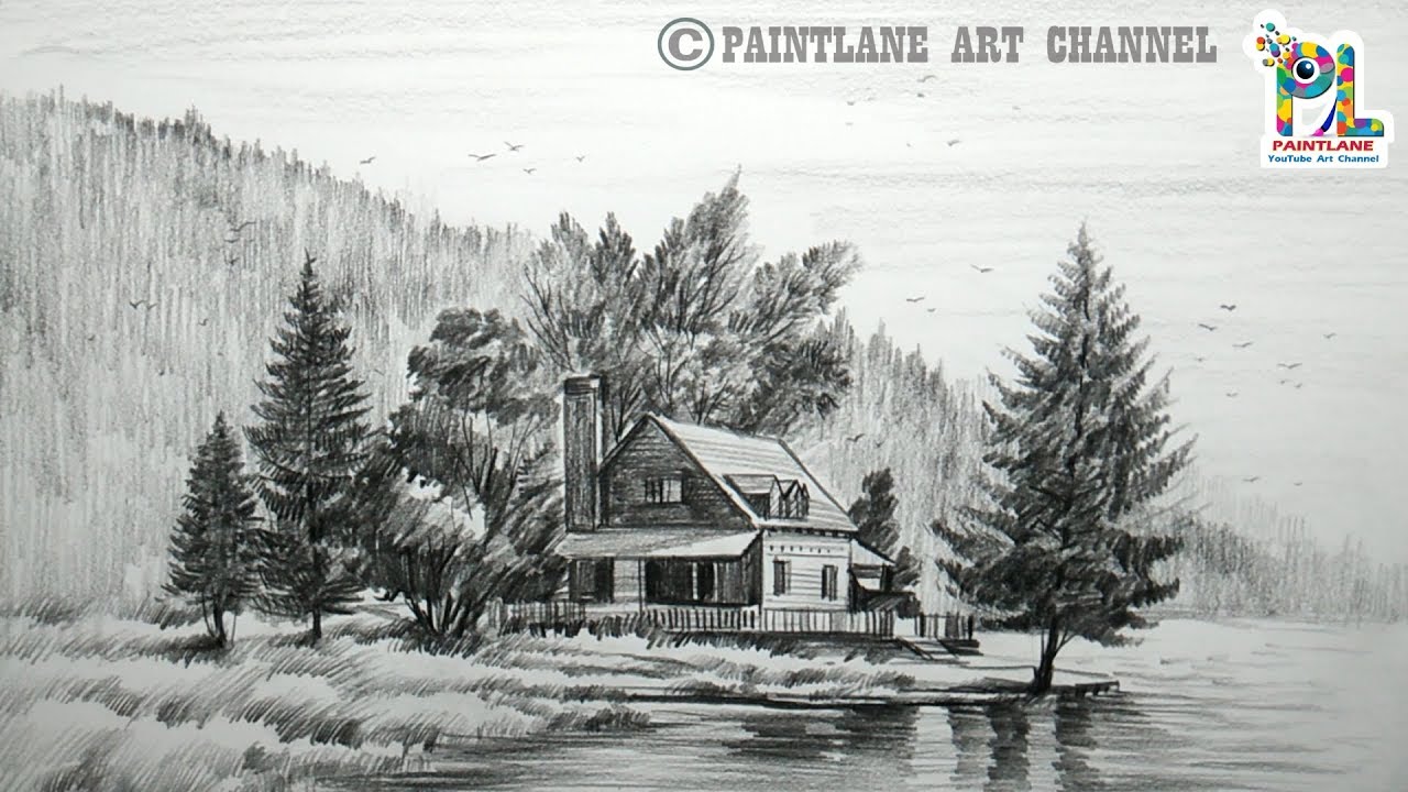 How to Draw Wooden House At Mountain Landscape Area And ...