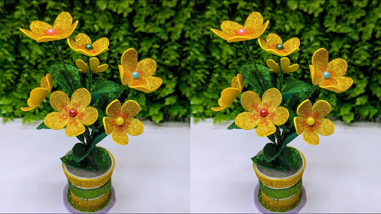 DIY Glitter Foam Flower Pot 🌼 Easy Handmade Flower Decoration for Home