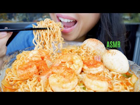 ASMR Cajun Buttered Shrimp Ramen Noodles Soup ♥︎ College Ramen ♥ Recipe!! 먹방 No Talking suellASMR