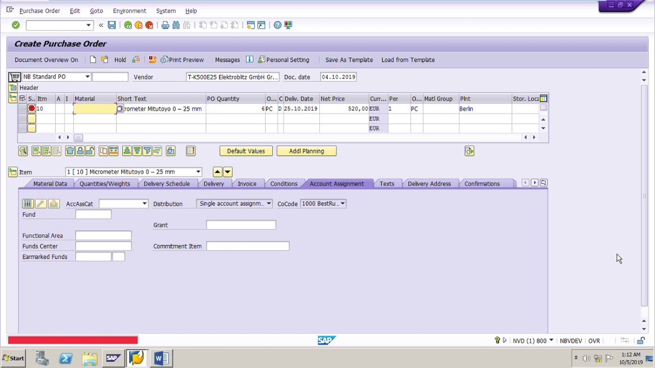 purchase order account assignment table