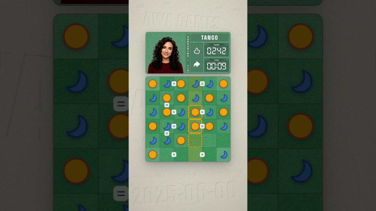 LinkedIn Tango #242 solved board for June 6, 2025, 6x6 grid