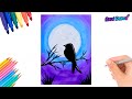 Cómo dibujar un PAISAJE NOCTURNO CON UN AVE - paisajes fáciles Paso a paso