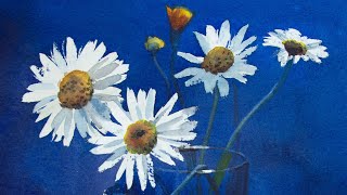 Watercolor painting of daisies in a glass and brush care