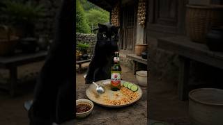 Nero the Black Cat Makes Nasi Goreng 🦐🍺 Fried Rice & Beer Mukbang #shorts