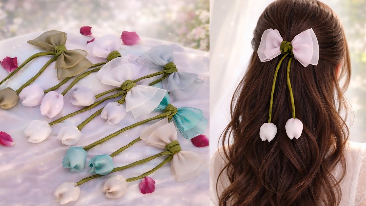 Viral Tulip Hair Bow Design 🌷 | Handmade Organza Floral Clip | Vleza Collection 