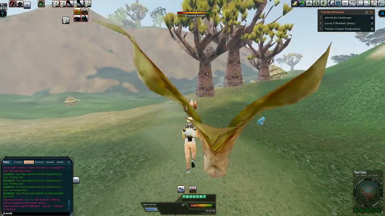 Mining run on Planet Toulan using Ziplex Z20 unamped, Entropia Universe.