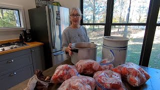 Canning frozen tomatoes. A great way to process the harvest on your own schedule.