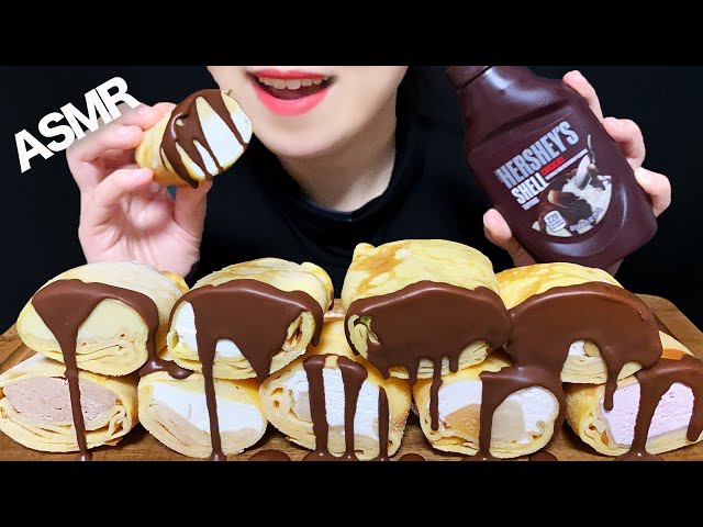 【咀嚼音/ASMR】クレープをチョコレート コーティングして食べる音 大食い モッパン ケーキ 生クリーム Crepe Cake Chocolate Shell Dessert Mukbang