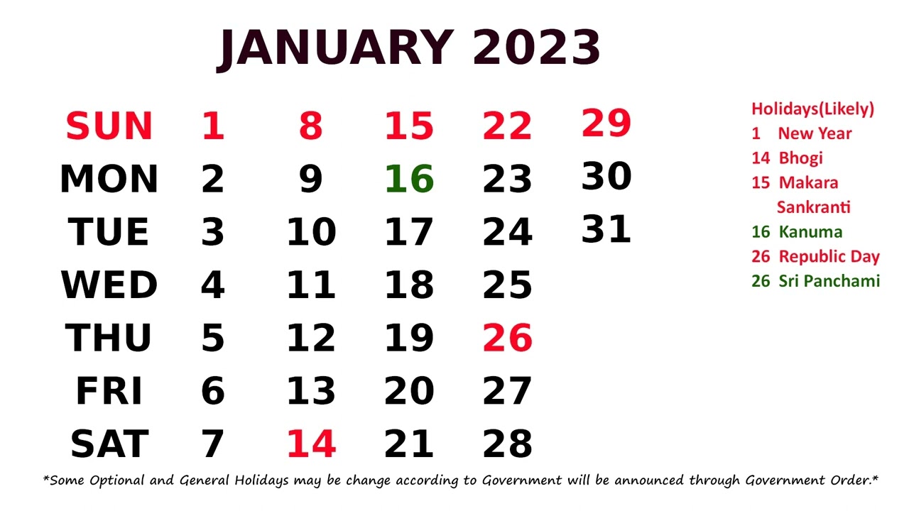 January Calendar 2023 YouTube