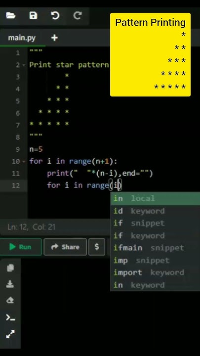 Star pattern Printing in python|right half pyramid #viral #viralshort ...