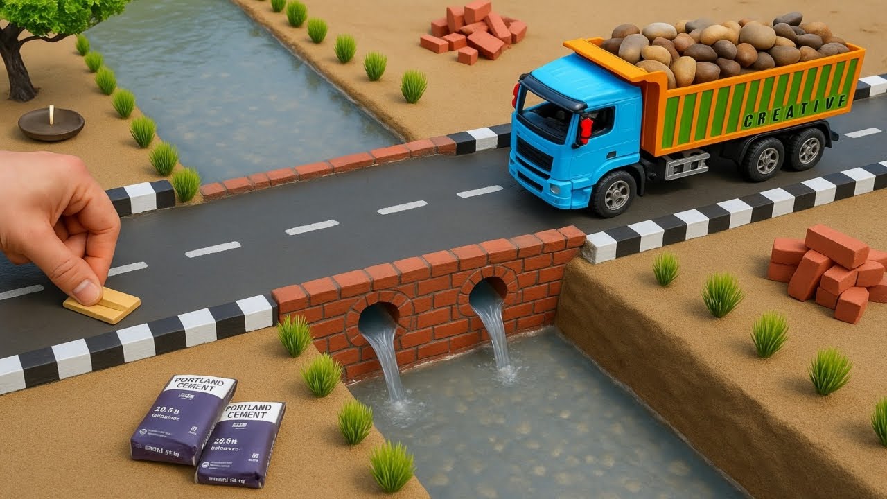 Diy tractor constructing bricks bridge on River | bridge making | 