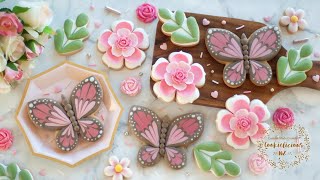 How to decorate BEAUTIFUL BUTTERFLY & FLOWER cookies ~ Learn Wet-on-Wet technique for the wings!