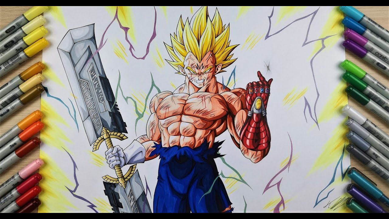 Drawing Majin Vegeta w/ the Infinity Gauntlet and Sword of Thanos 
