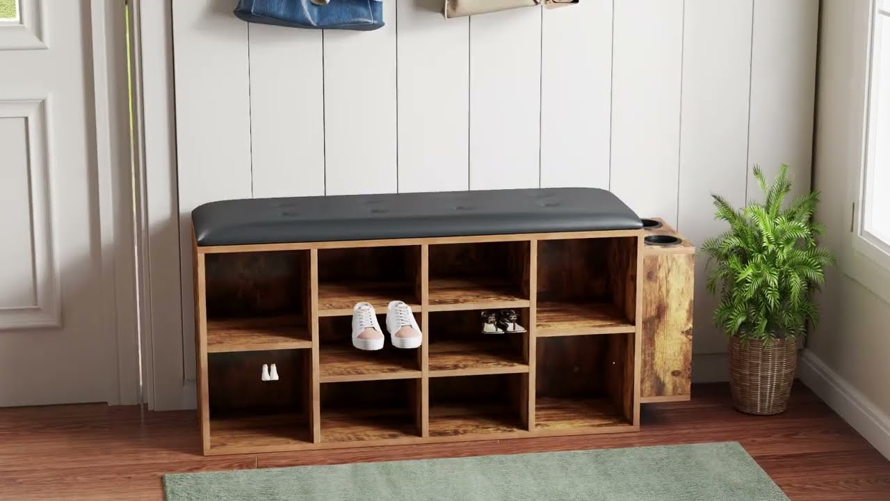 Entryway Storage Shoe Bench with Leather Cushion, 10 Cubbies Shoe Rack –  ONEINMIL