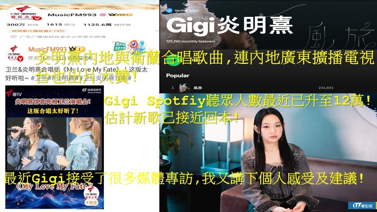 Gigi炎明熹內地與衛蘭合晿歌曲,連內地廣東擴播電視台也出片大贊!Gigi Spotfiy聽眾人數最近已升至12萬!估計新歌已接近回本!最近Gigi接受了很多媒體專訪,我又講下個人感受及建議!