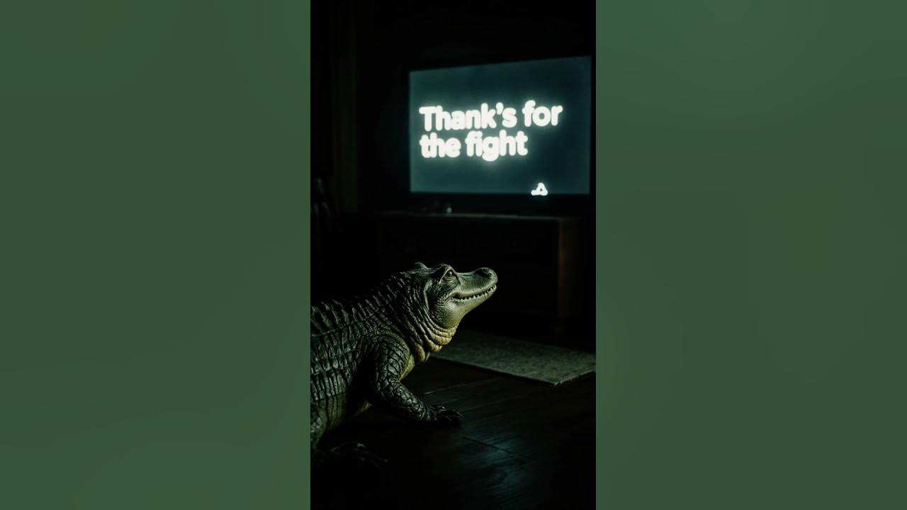 a crocodile is looking at a TV that says "Thanks for the fight" #remix  #recommended #рек #мем
