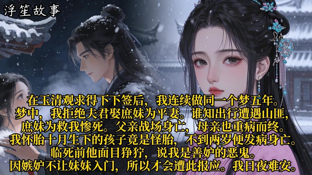 在玉清观求得下下签后，我连续做同一个梦五年。梦中，我拒绝夫君娶庶妹为平妻。谁知出行遭遇山匪，庶妹为救我惨死。#重生 #大女主 #复仇 #宫廷 #夺权 #古风 #小说