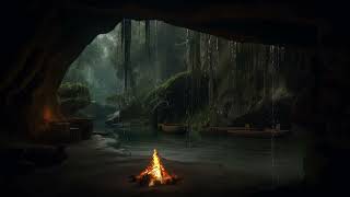 Admire The Water Flow Outside The Cave Entrance During Heavy Rain, Relax By A Small Campfire