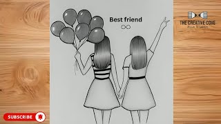 Best Friend Drawing - Two Best Friend Girl Drawing Holding Balloons Easy Drawing Friendship Drawing